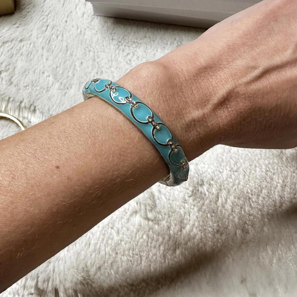 Sequin Turquoise Crystal Enamel Hinged Bangle Bracelet Signed